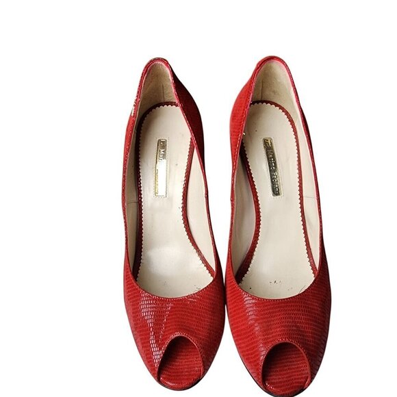 Marino Fabiani Red Snakeskin Leather Peep Toe Pumps Lucite Heel 8.5 - Picture 3 of 12